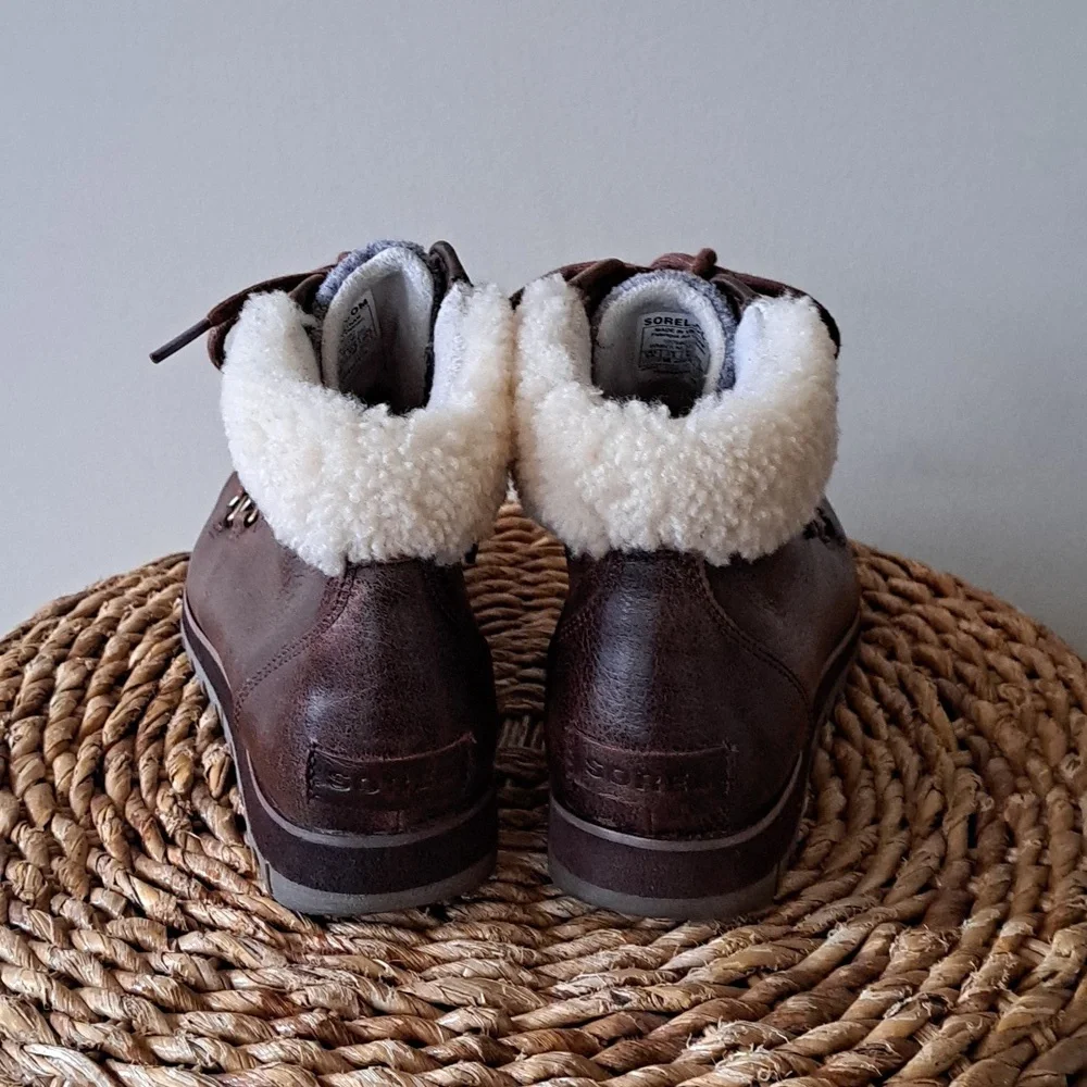 Sorel Womens Harlow Lace Cozy Brown Leather Ankle Booties Grey Felt Faux Fur 9.5